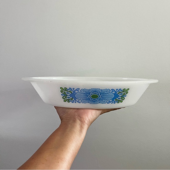 Vintage Glasbake Mod Desert Flower Milk Glass Divided Oval Serving Plate Blue - Picture 1 of 7